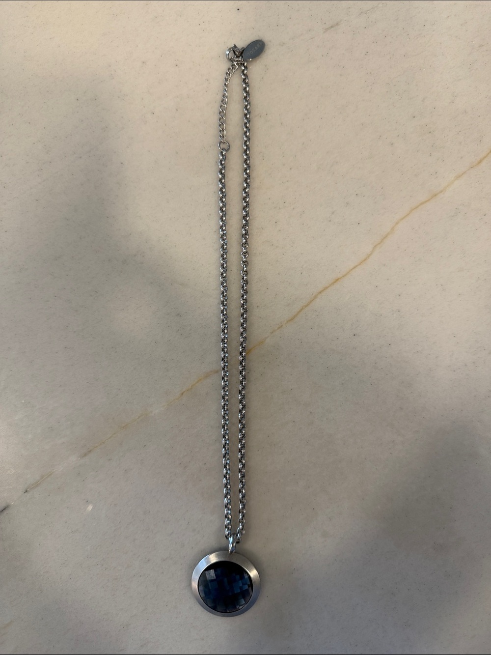 Silver Pendant Necklace with Dark Blue Faceted Stone - Women Jewelry